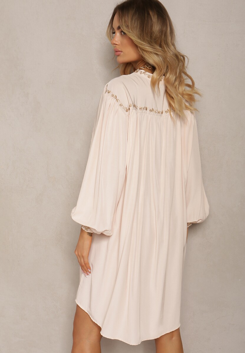 Beżowa Haftowana Sukienka Midi o Pudełkowym Fasonie z Długim Rękawem Rosen