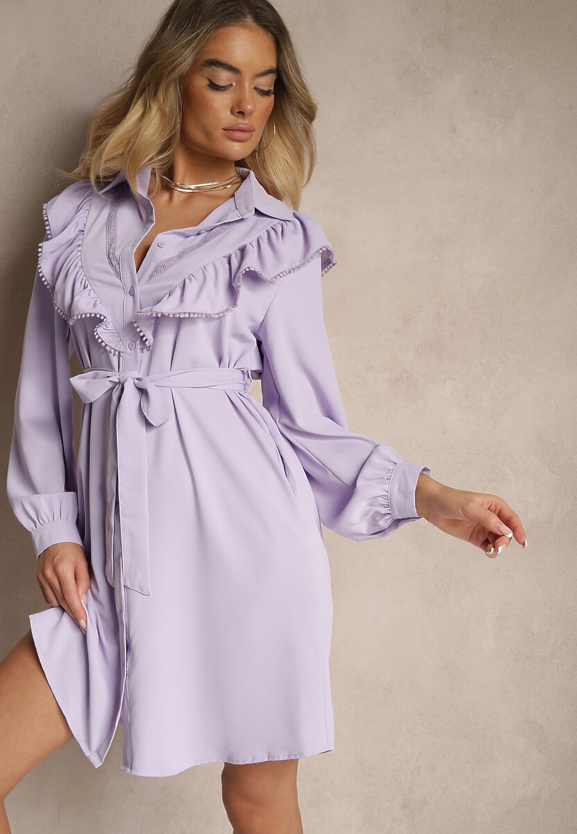 Ciemnozielona Rozkloszowana Sukienka Koszulowa z Falbankami i Koronką Naik