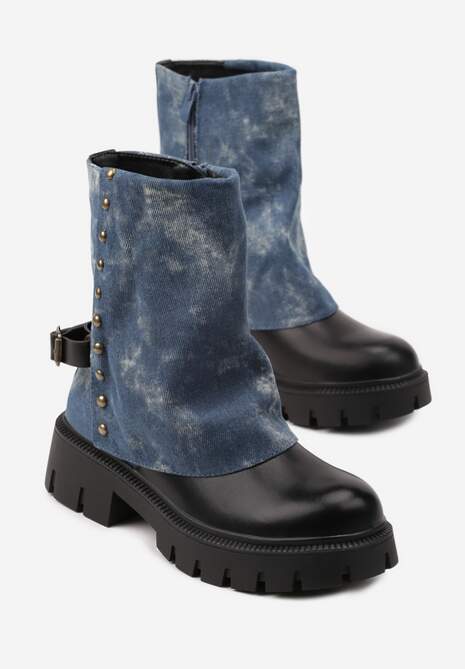 Czarno-Niebieskie Botki Ozdobione Klamrą i Wywiniętą Cholewką Ansone