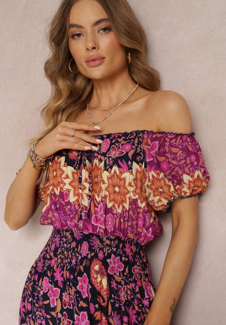 Fioletowo-Granatowa Rozkloszowana Sukienka Midi Hiszpanka z Gumką w Talii z Bawełny w Kwiaty Bienne