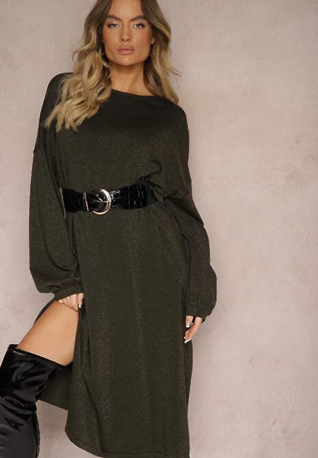 Zielona Sukienka z Wiskozą o Pudełkowym Kroju z Metaliczną Nicią i Szerokimi Rękawami Arkina