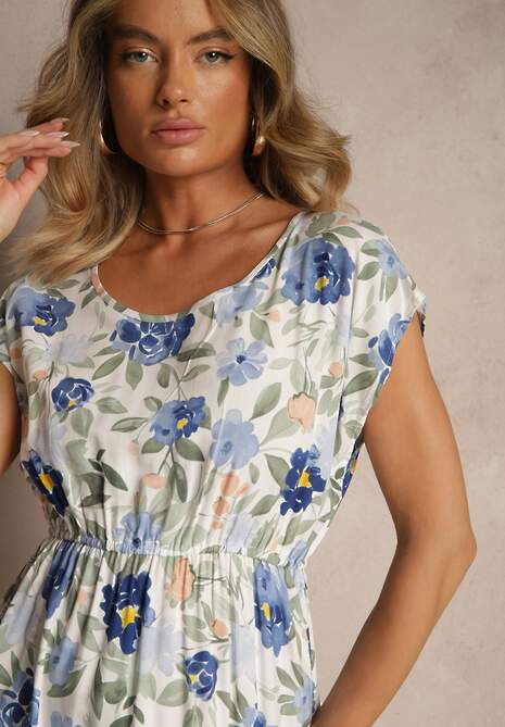 Niebieska Rozkloszowana Sukienka z Bawełną w Kwiaty Talisenia