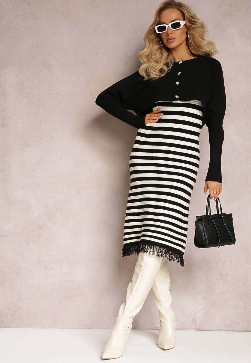 Czarny Komplet 2-Częściowy Sukienka w Paski i Kardigan Krótki na Guziki Orivela