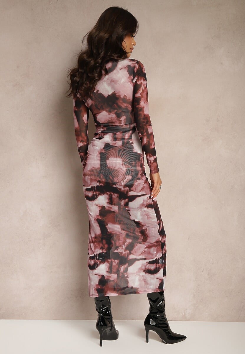 Brązowa Dopasowana Sukienka Siateczkowa Maxi z Rozcięciem i Marszczeniem Soininen