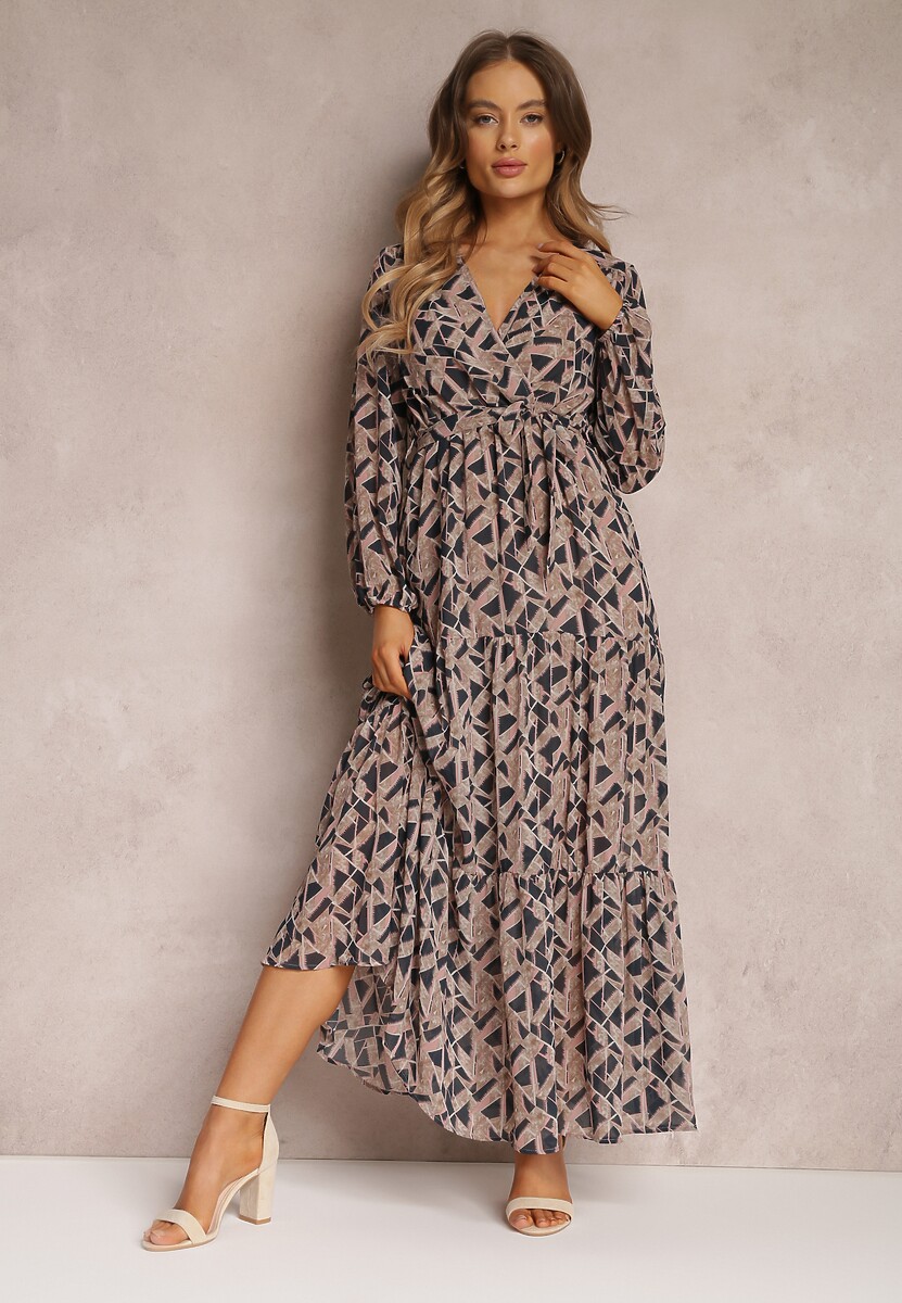 Czarno-Beżowa Sukienka Kopertowa z Gumką w Talii Jarne