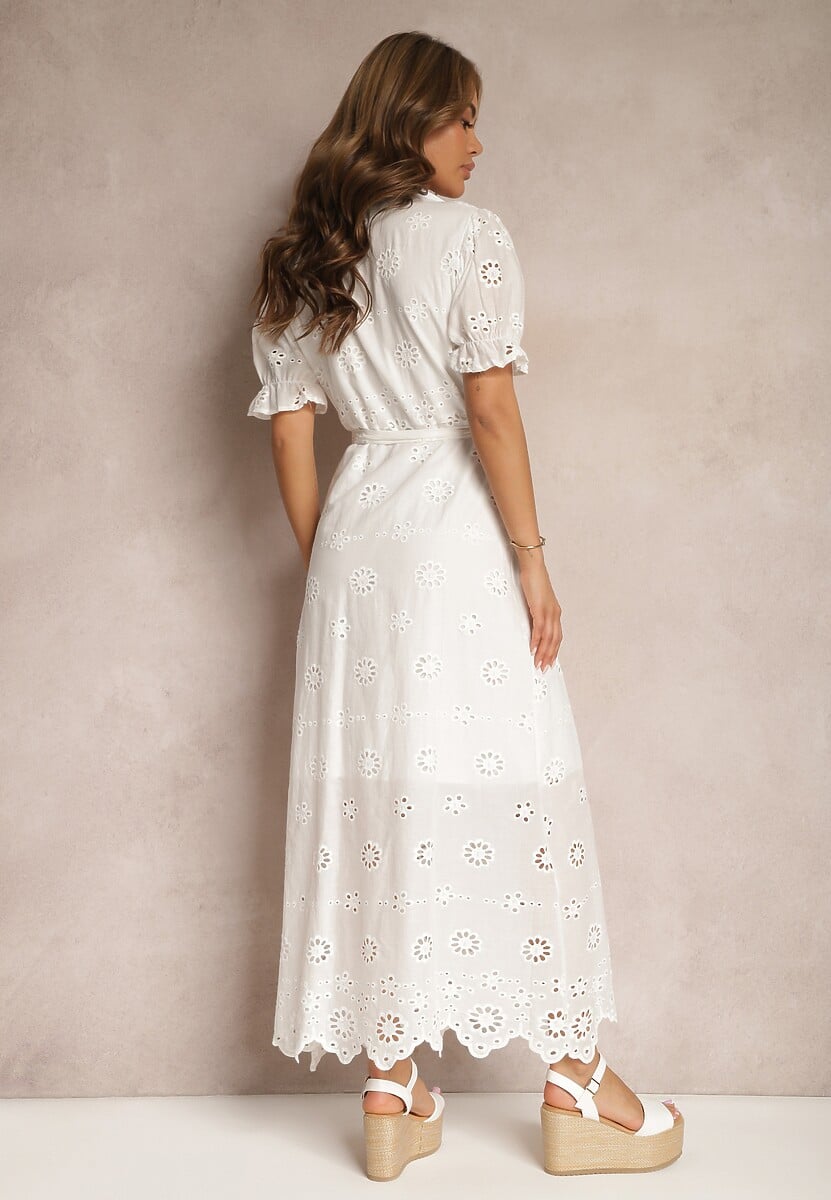 Biała Ażurowa Sukienka o Koszulowym Kroju z Haftem i Bufiastymi Rękawami Vianda