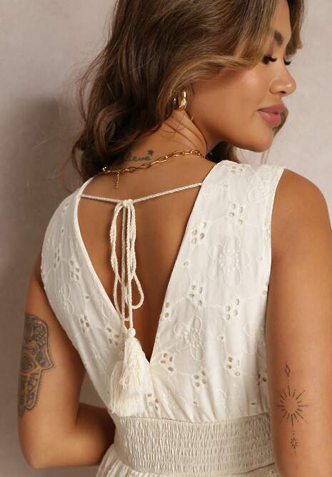 Beżowa Bawełniana Sukienka Maxi z Haftowanej Tkaniny Jive