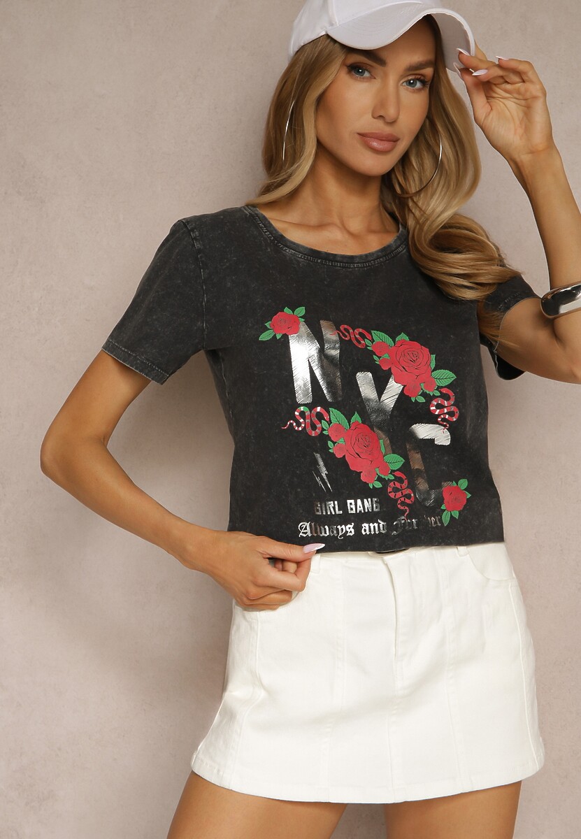 Ciemnoszary Bawełniany T-shirt z Kwiatami i Napisami Savinele