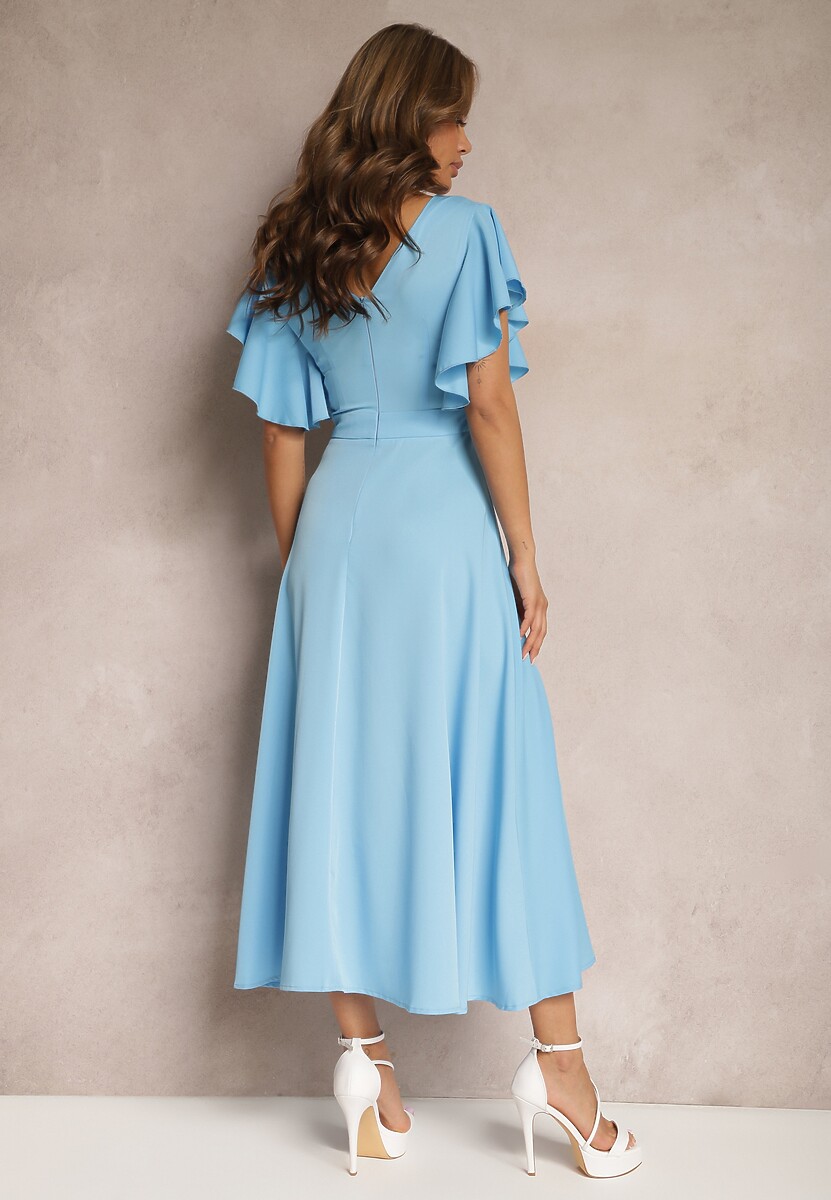 Niebieska Sukienka o Rozkloszowanym Kroju z Falbanami Bouchard