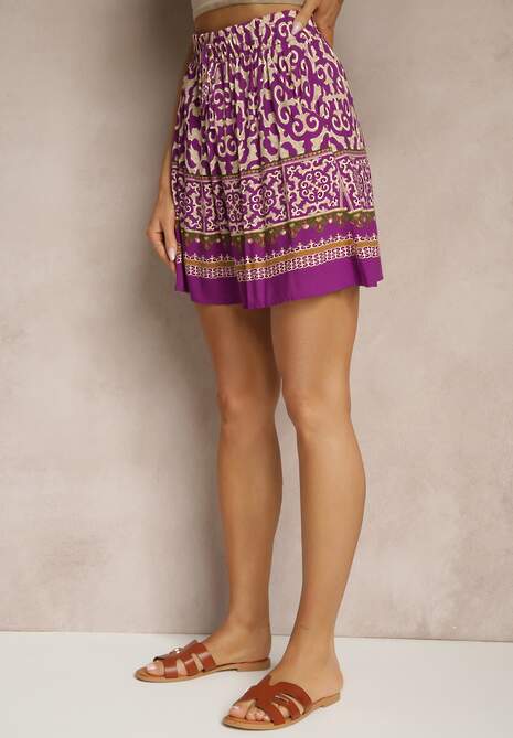 Fioletowe Szorty Bermudy z Bawełny z Gumką w Pasie w Ornamentalny Print Volienne