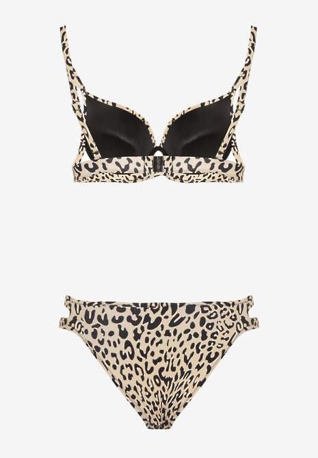 Beżowe Bikini w Panterkowy Wzór Biustonosz i Majtki Figi Zdobione Wycięciami Savrienne