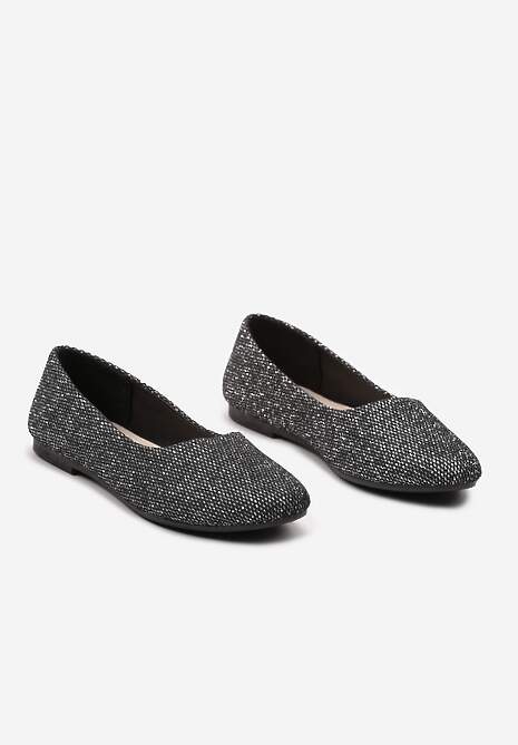 Czarne Wsuwane Balerinki Brokatowe na Płaskiej Podeszwie Claremarie