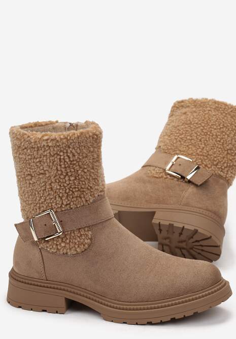 Brązowe Botki z Futerkiem i Paskiem z Klamerką Adorra