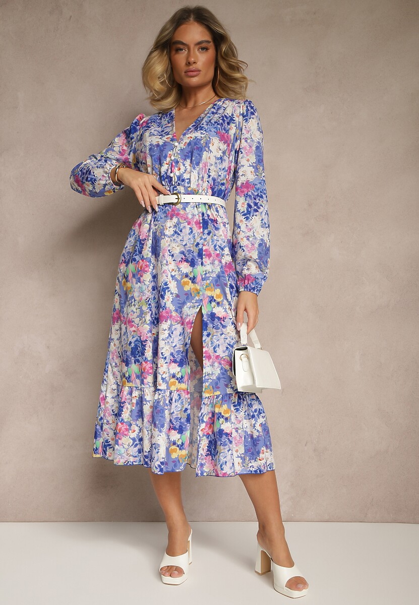 Niebieska Sukienka w Kwiatowy Print o Rozkloszowanym Kroju z Dekoltem w Serek Janellia