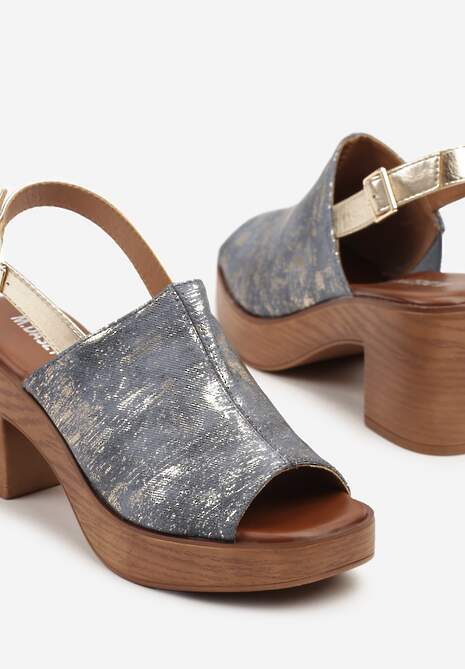 Niebieskie Sandały na Obcasie w Stylu Drewniaków z Błyszczącym Paskiem Ardima