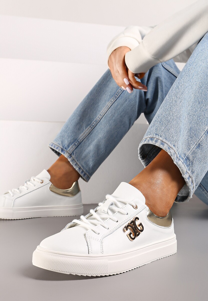 Biało-Złote Sneakersy na Płaskiej Podeszwie ze Skóry Naturalnej z Aplikacją 3D Milisea