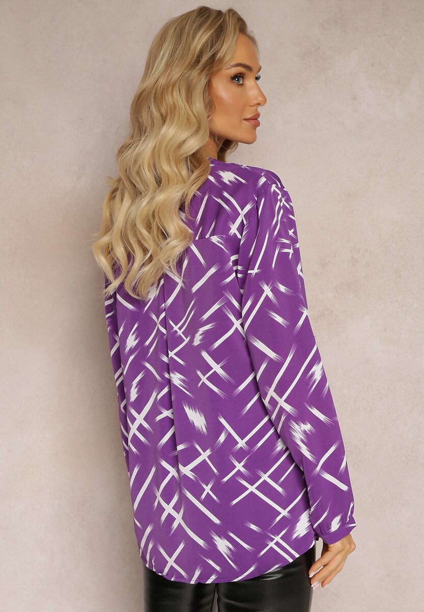 Fioletowa Bluzka z Zapięciem na Guziki i Długim Rękawem Milames