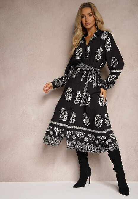 Czarna Sukienka Koszulowa Wiązana w Pasie w Stylu Boho Rorisha