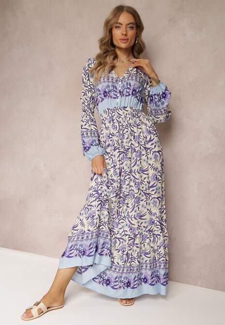 Fioletowo-Beżowa Sukienka Maxi w Kwiaty z Wiskozy Vellu