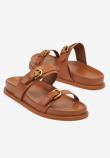 Brązowe Klapki Ozdobione Dwoma Paskami i Klamrami Danirisla