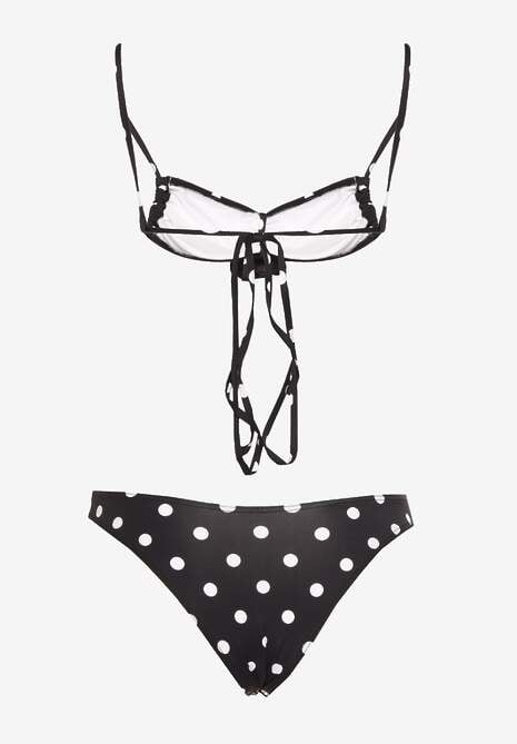 Czarne Bikini w Grochy z Kwiatowymi Aplikacjami Biustonosz i Figi Loritia