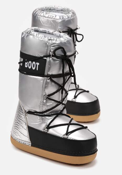 Srebrne Wsuwane Śniegowce na Platformie z Wiązaniem i Ozdobną Taśmą Gorgona