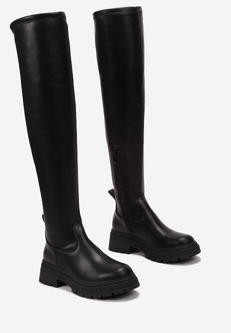 Czarne Kozaki Muszkieterki z Imitacji Skóry na Płaskiej Podeszwie Liridia