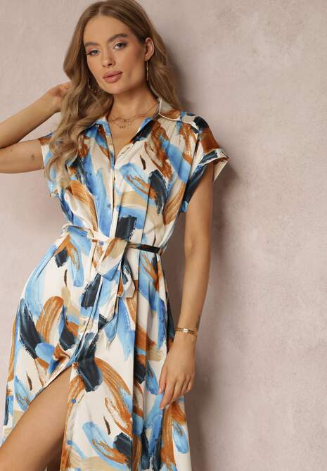 Niebieska Wzorzysta Sukienka Midi z Kołnierzem i Materiałowym Paskiem Jenica