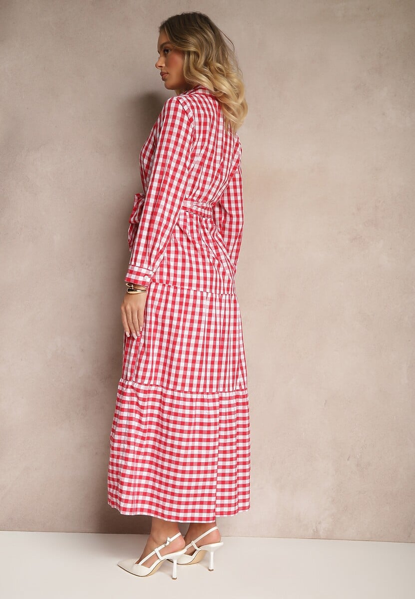 Czerwona Koszulowa Sukienka z Bawełny w Kratkę Vichy z Wiązanym Paskiem Adlivia