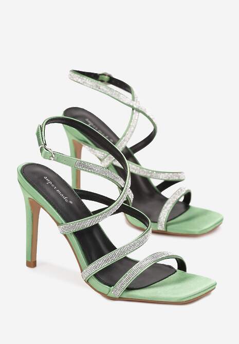 Zielone Sandały na Szpilce z Kwadratowym Noskiem i Cyrkoniami Natale