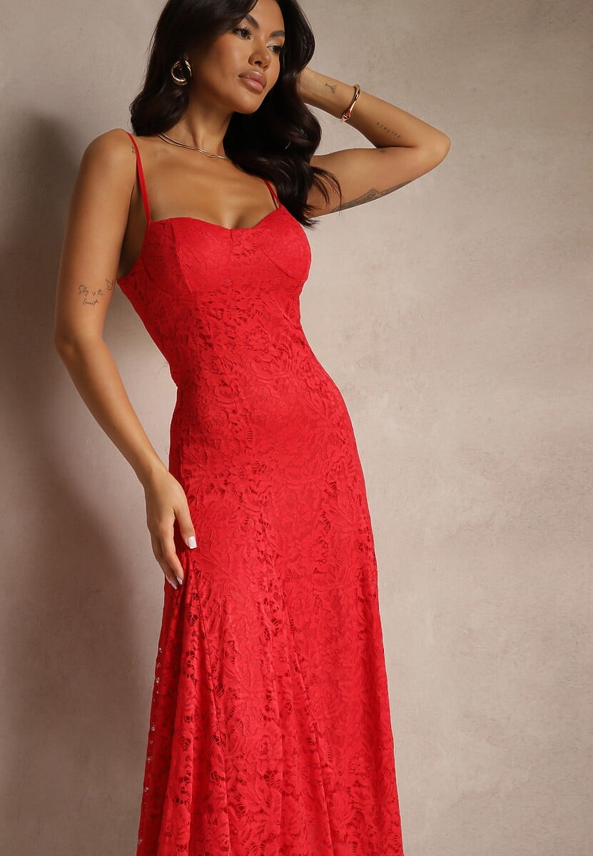 Czerwona Rozkloszowana Sukienka z Koronki z Dodatkowym Bolerkiem Gonavora