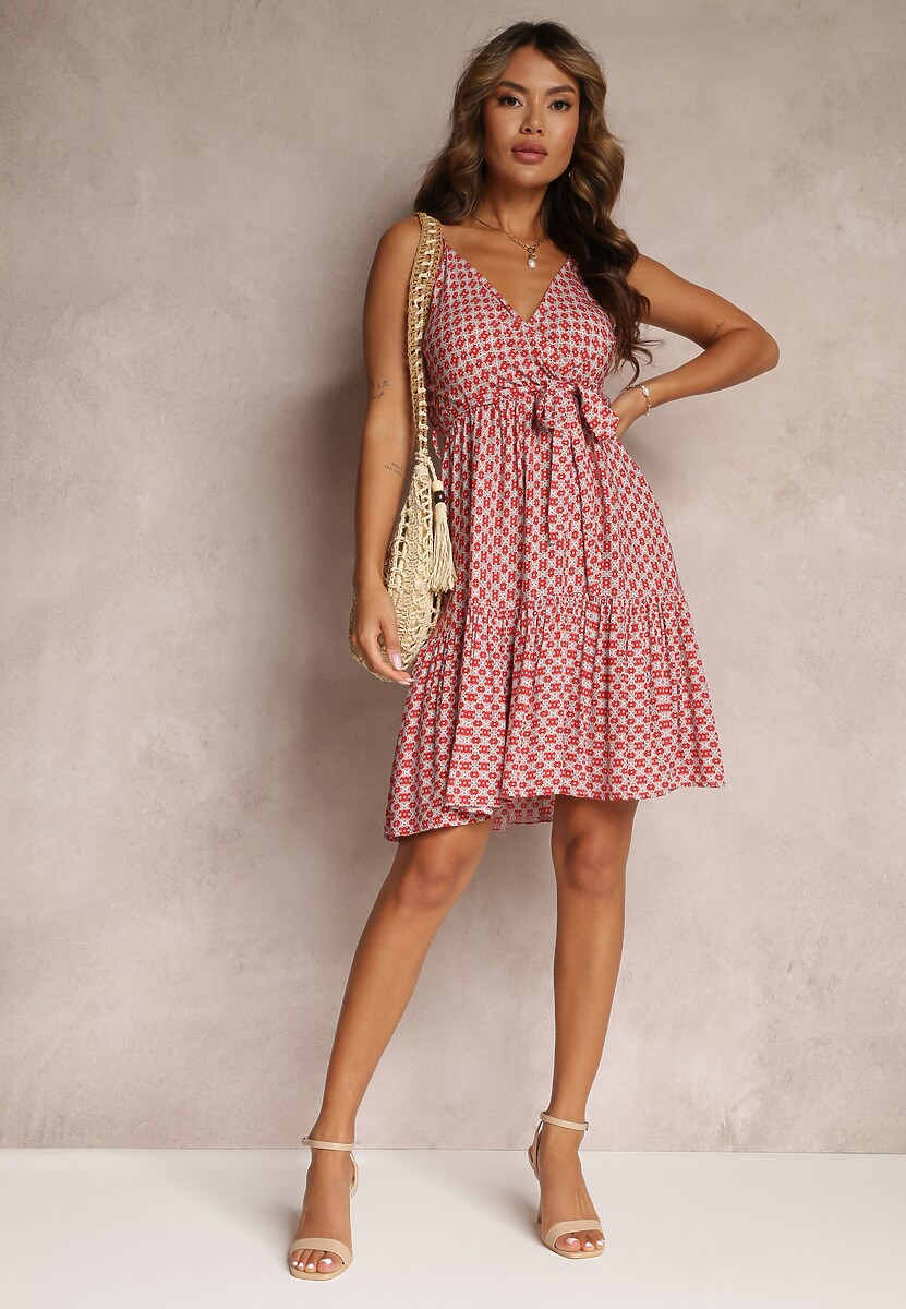 Różowa Wiskozowa Sukienka z Falbankami i Gumką w Pasie z Materiałowym Paskiem Erafina