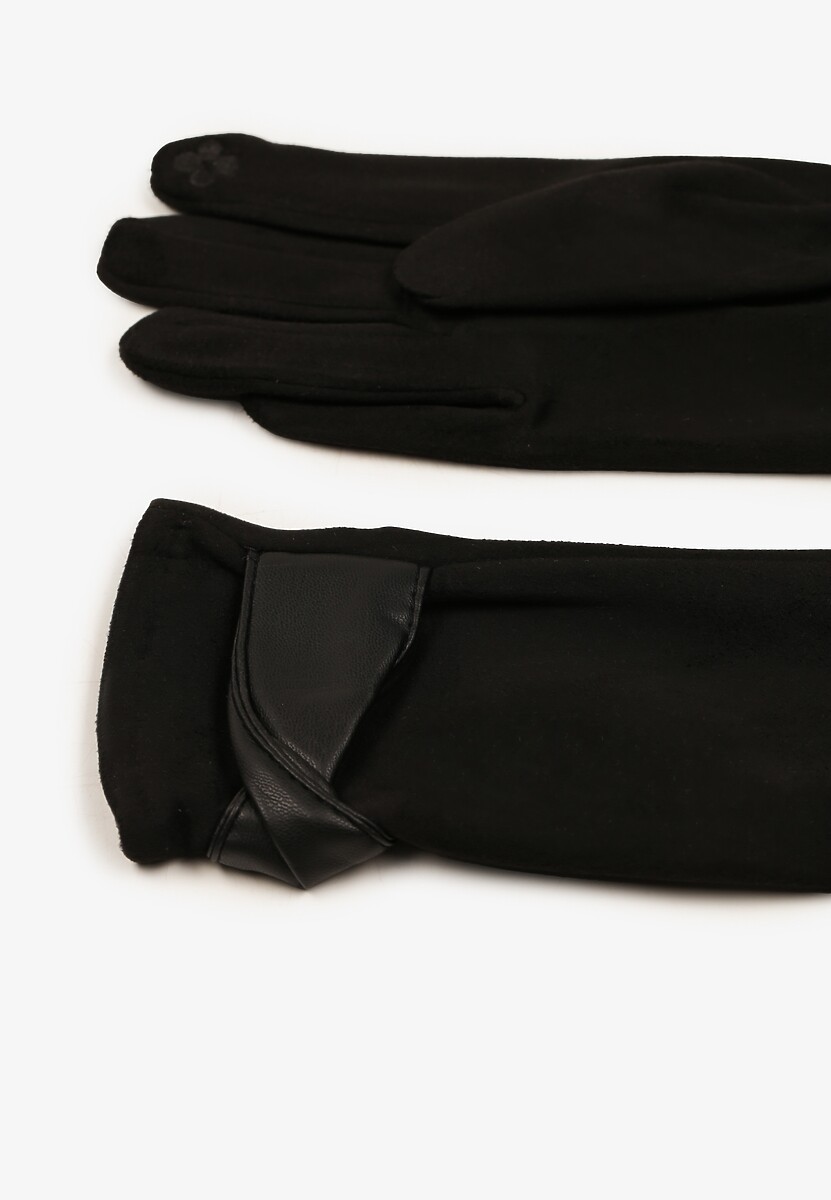 Czarne Eleganckie Rękawiczki z Bawełną i Wywiniętą Aplikacją przy Nadgarstku Sissemi