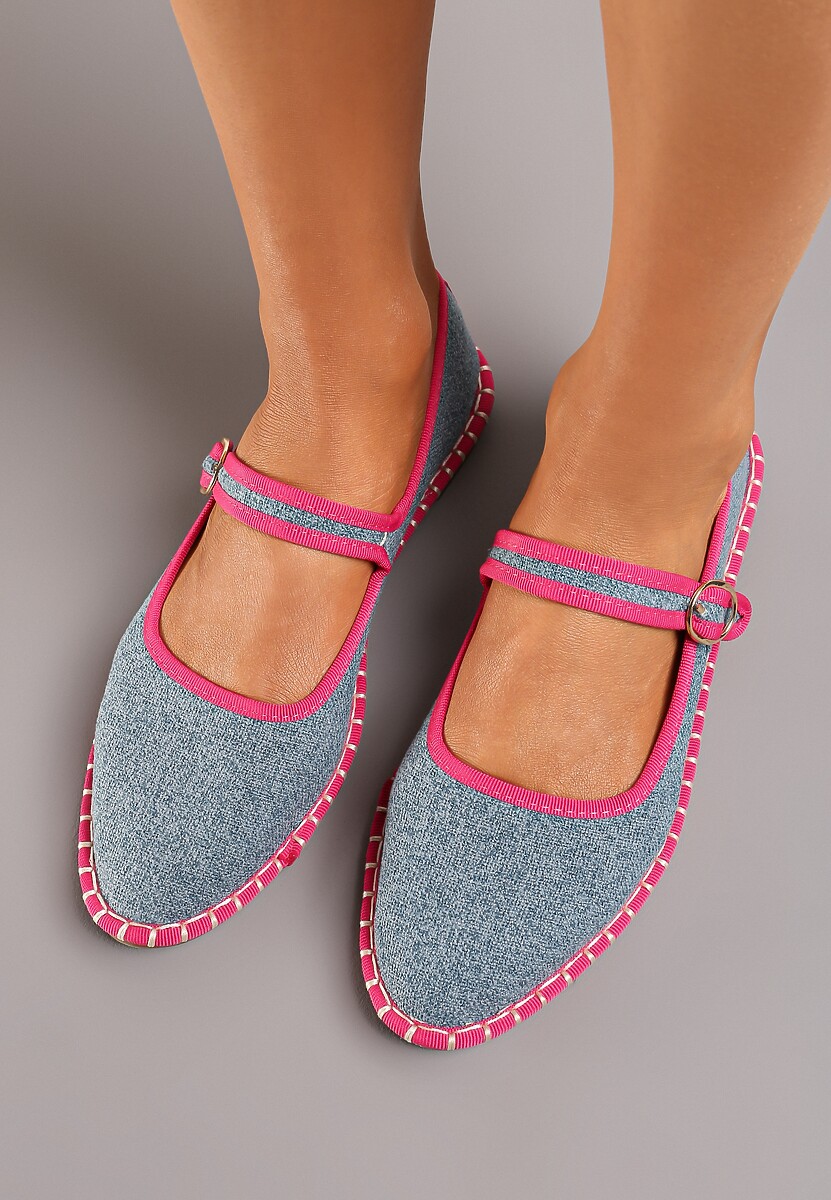 Niebiesko-Fuksjowe Balerinki z Ozdobnym Przeszyciem i Dodatkowym Paskiem Rosawina