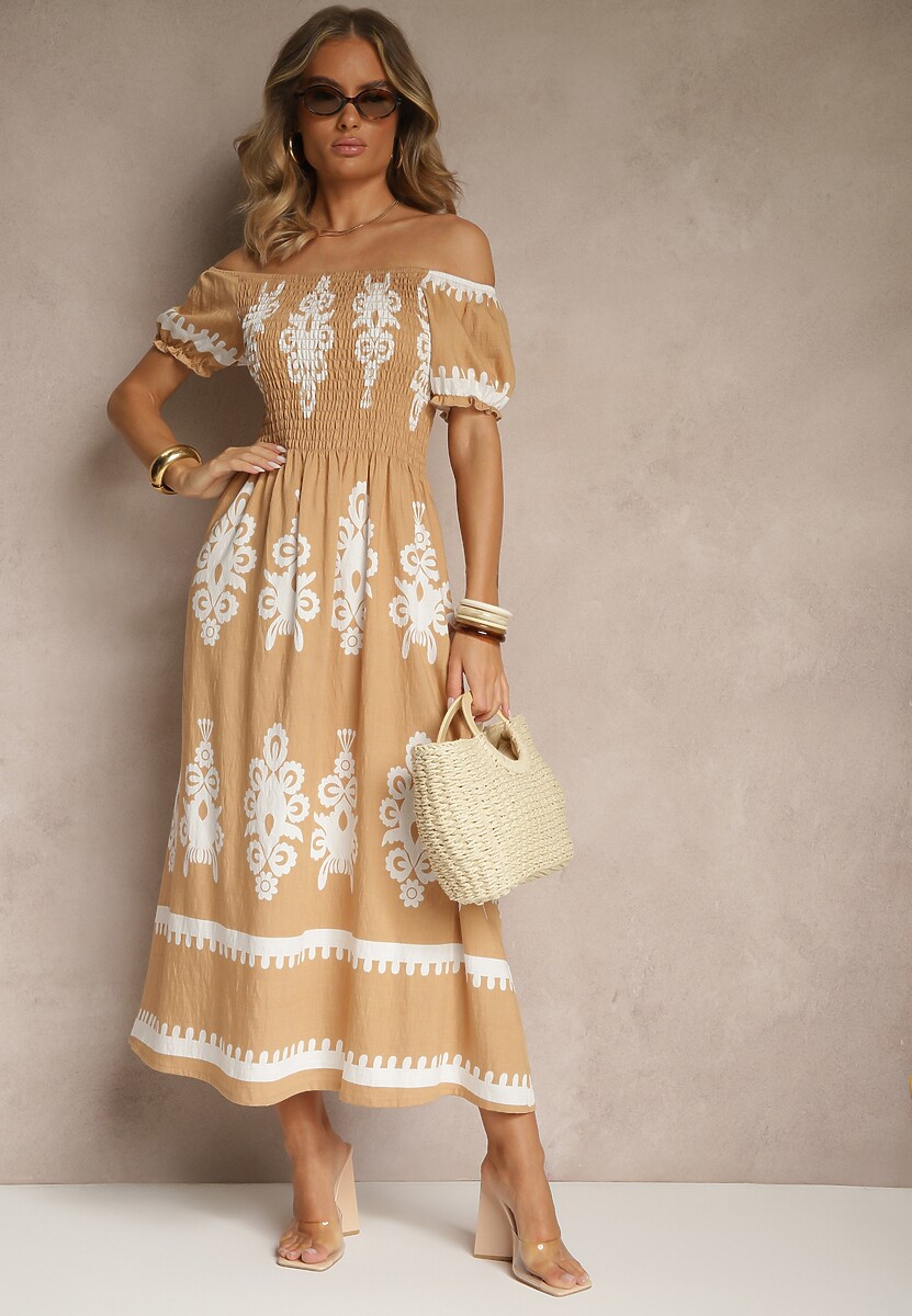 Ciemnobeżowa Sukienka Hiszpanka Ozdobiona Etnicznym Printem Aralette