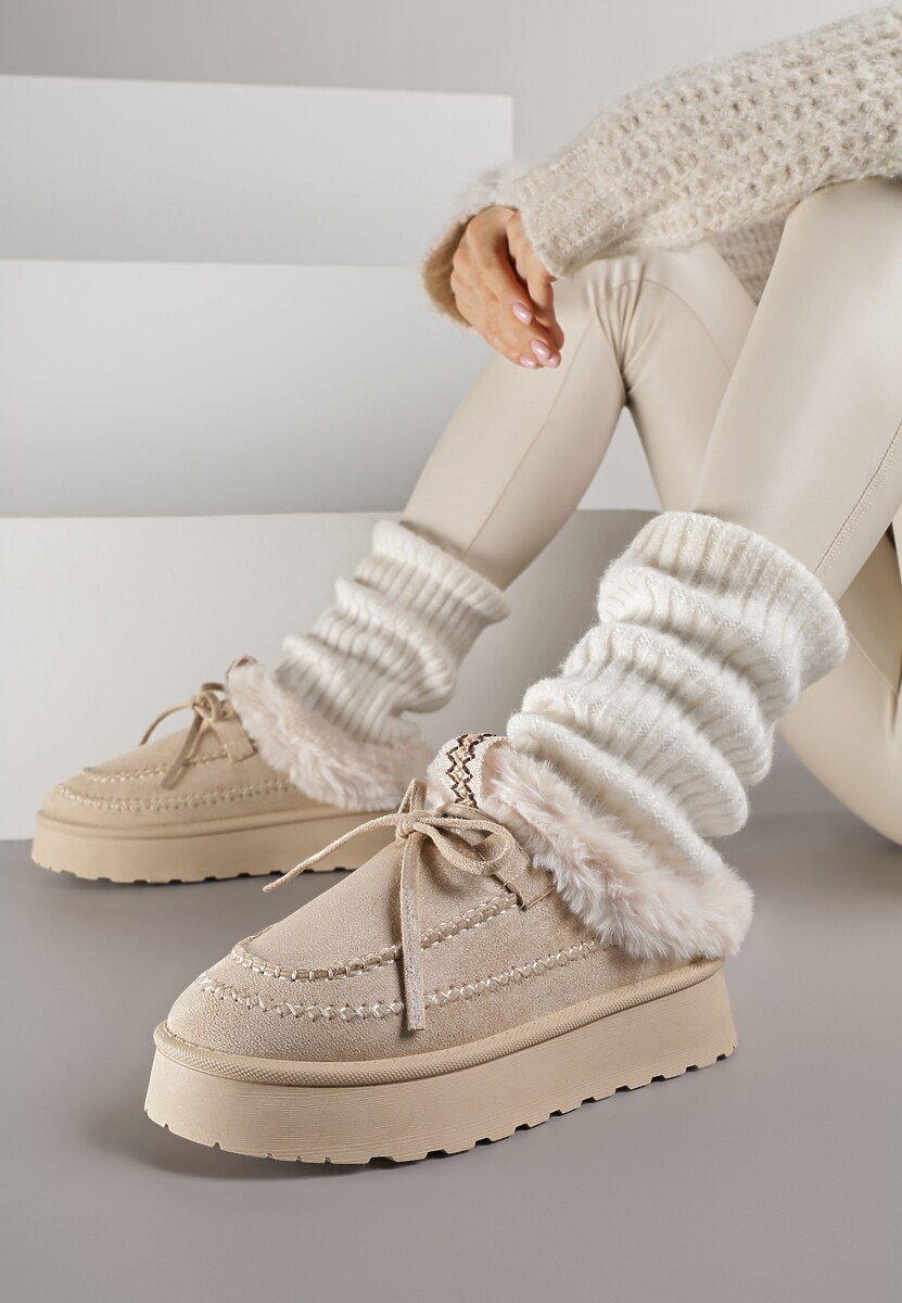 Beżowe Rustykalne Śniegowce z Niską Cholewką Zdobione Futrem i Kokardą Tuspena