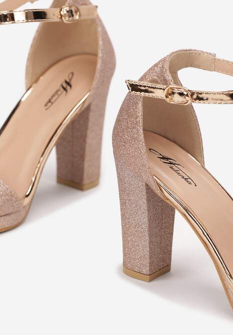 Szampańskie Sandały na Słupku Zdobione Brokatem Aldohr
