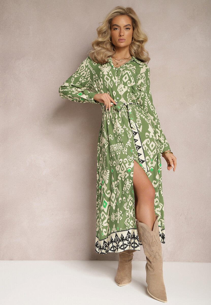 Zielona Sukienka Koszulowa Rozkloszowana z Wiązaniem Vern