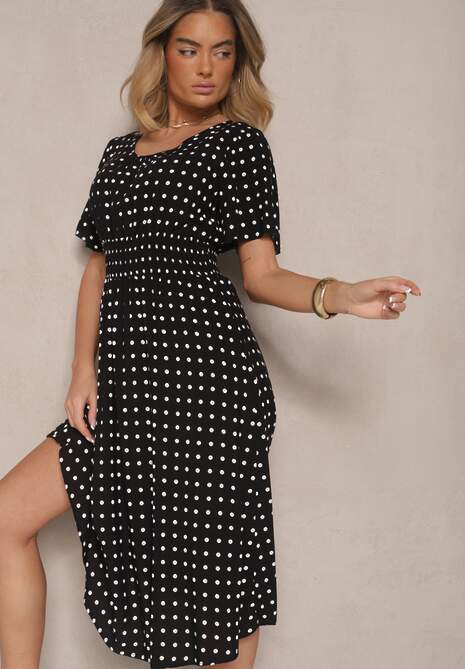Czarna Bawełniana Sukienka o Rozkloszowanym Fasonie w Kropki Tolimirae