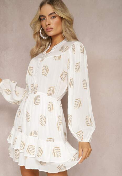 Biała Sukienka Mini w Liście o Rozkloszowanym Kroju z Falbanką Lairee