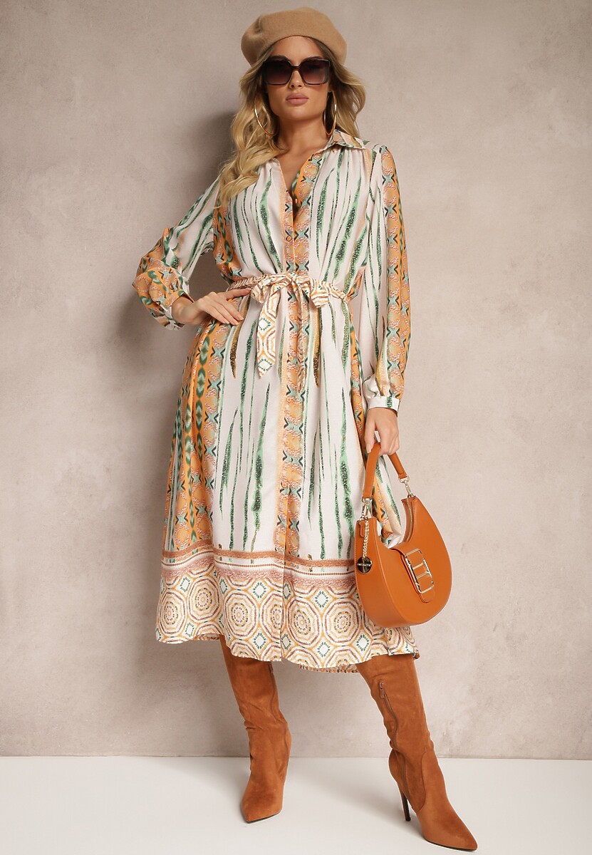 Fuksjowo-Beżowa Koszulowa Sukienka Wiązana w Talii Ozdobiona Abstrakcyjnym Wzorem Nilima