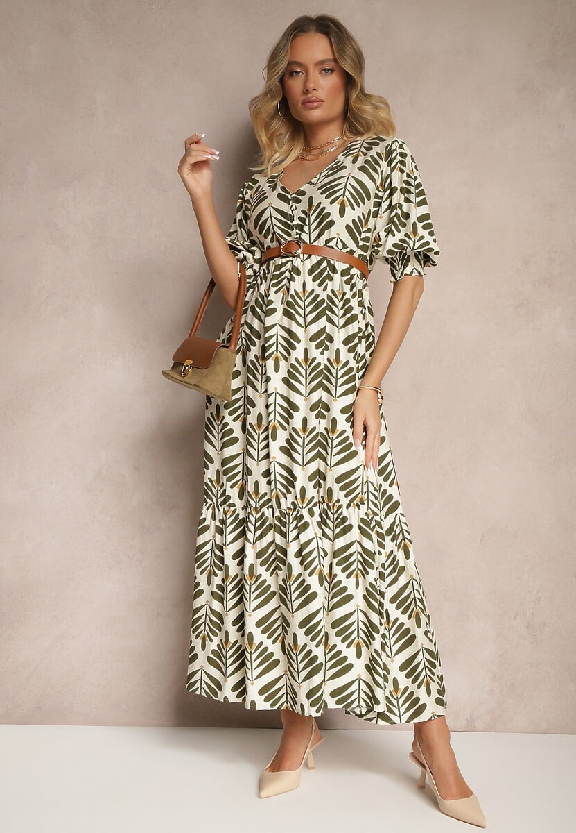 Zielona Sukienka z Wiskozą o Rozkloszowanym Kroju w Roślinny Wzór Heledis