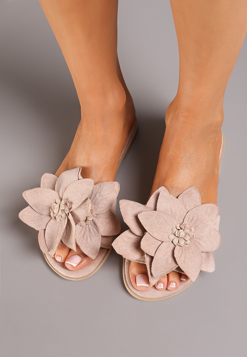 Różowe Klapki z Ekozamszu na Płaskiej Podeszwie z Ozdobnym Kwiatem Ellesara