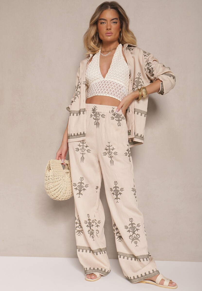 Beżowy Wiskozowy Komplet Boho Koszula i Spodnie z Haftowanym Zdobieniem Helhiris