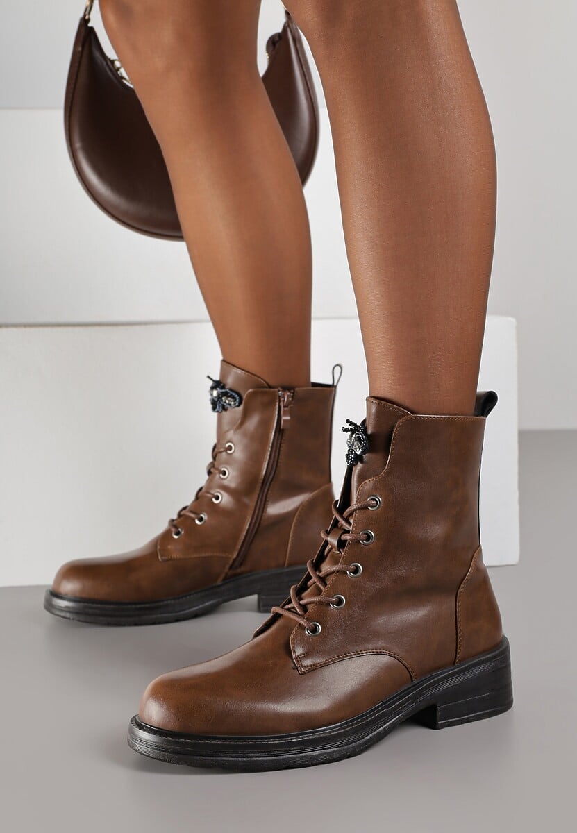 Brązowe Botki Workery ze Skóry Naturalnej z Aplikacją-Pszczołą z Cyrkonii Tevalra