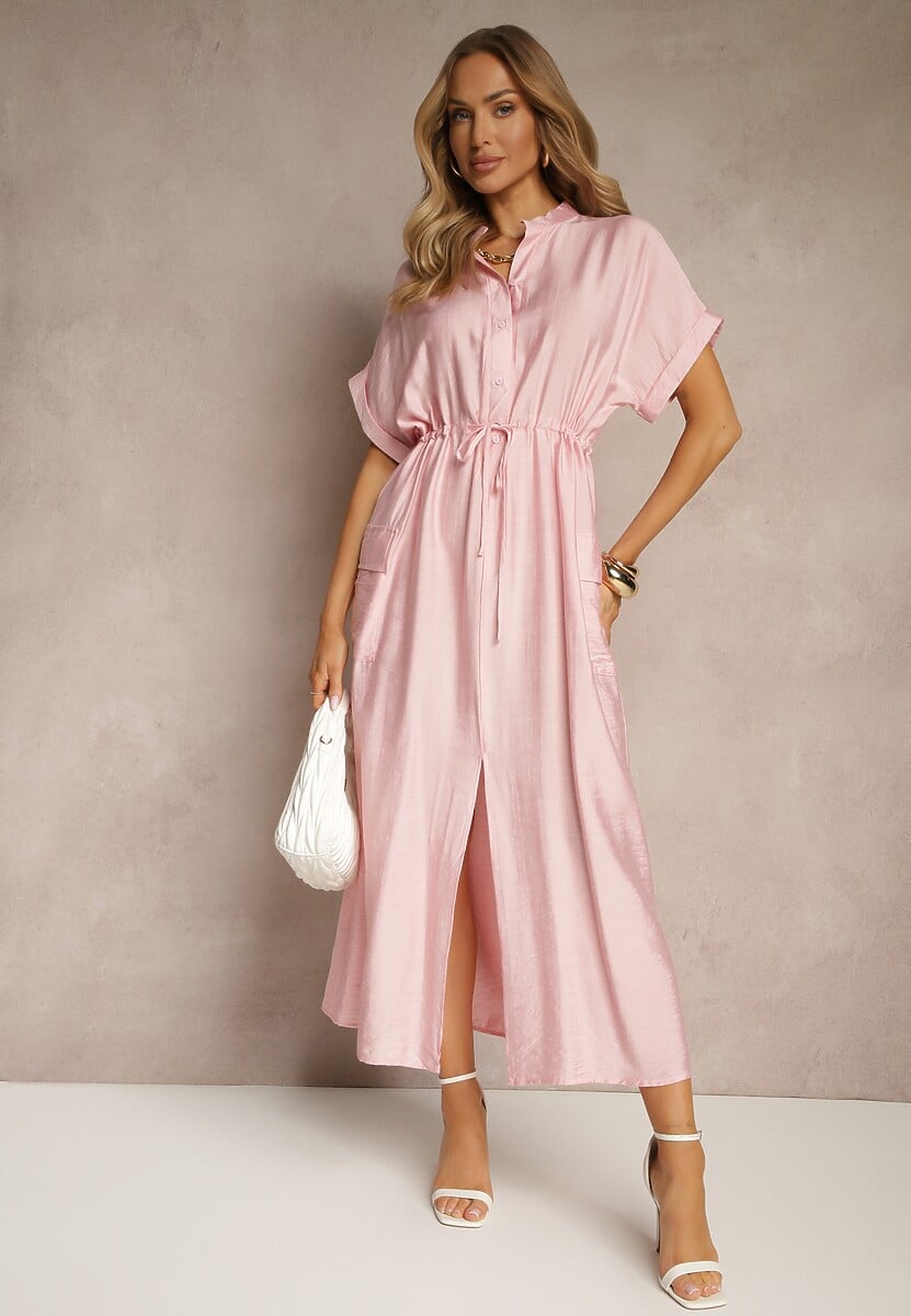 Różowa Sukienka z Wiskozą o Koszulowym Kroju z Wiązaniem w Pasie Pollivia