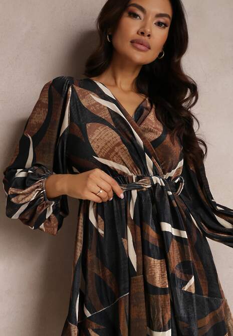 Czarno-Brązowa Welurowa Sukienka z Kopertowym Dekoltem i Wiązanym Paskiem Rarle