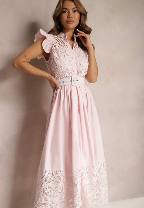 Różowa Koszulowa Sukienka z Ażurowym Zdobieniem i Paskiem z Prostokątną Klamrą Trika