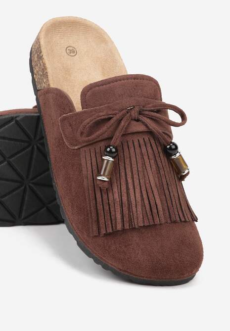 Brązowe Boho Klapki Mule z Imitacji Zamszu z Frędzlami i Koralikami Elwedila