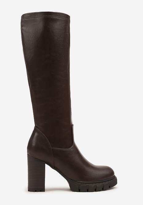 Brązowe Kozaki na Słupku i Platformie z Dopasowaną Cholewką Latallea